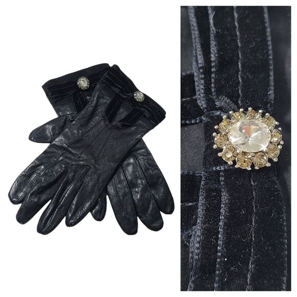 Coach Black Leather Gloves Bow Sz 7 Silk Lined Velvet Ribbon Rhinestones #2136 - Picture 1 of 12